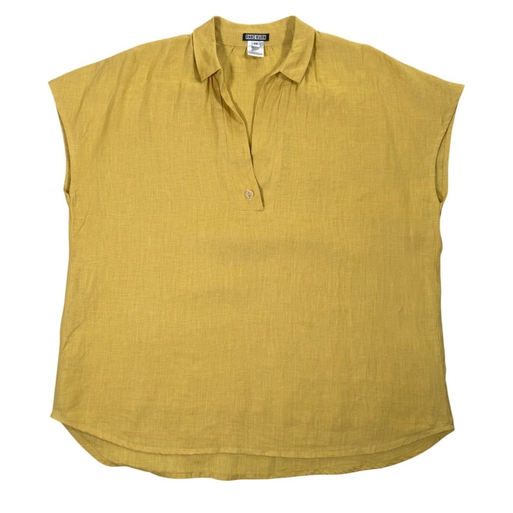 Anni Kuan NYC 100% Linen Mustard Yellow Tunic Top Relaxed V-Neck Oversized M